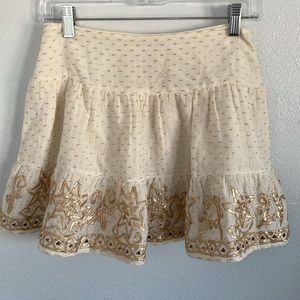 Raga Nuria‎ Off White Gold Foil Beading Boho Mini Skirt Size Small